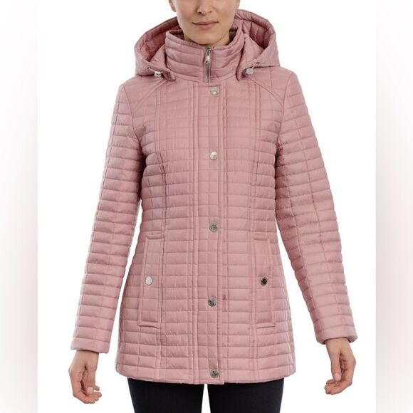 London Fog Hooded Box Quilt Coat Hooded Heather Pink Petite Medium NWT - Picture 1 of 9